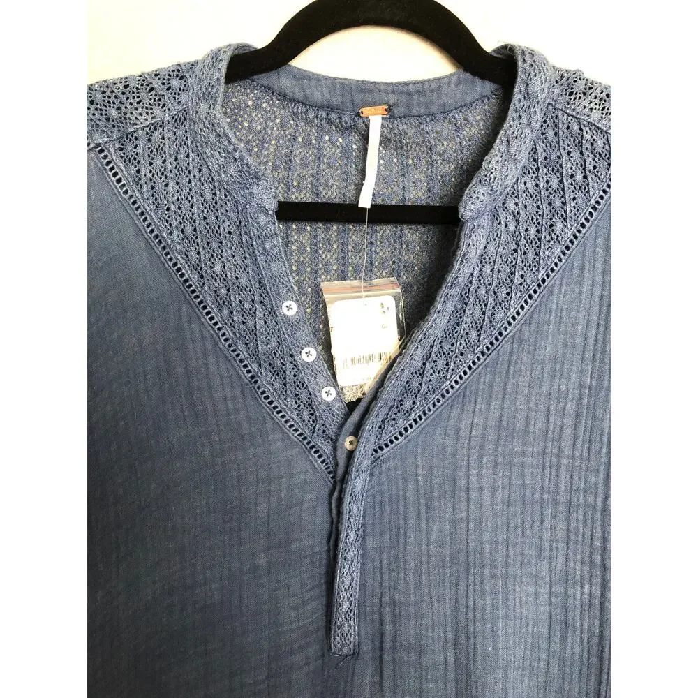 Free People Big Dipper Mini Dress Ruffle Long Sleeve Blue Women's Medium NEW
